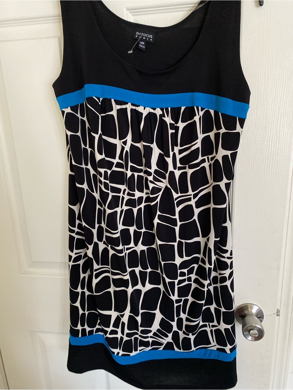 Enfocus Black & White Geometric Tank Dress with Blue Trim size 14w - Picture 1 of 5